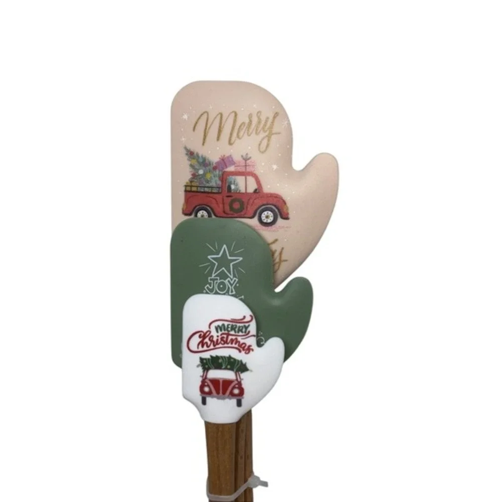 CWC Christmas Silicone Spatula‎ Set 3pc Mitten Red Truck Holiday Baking Wooden